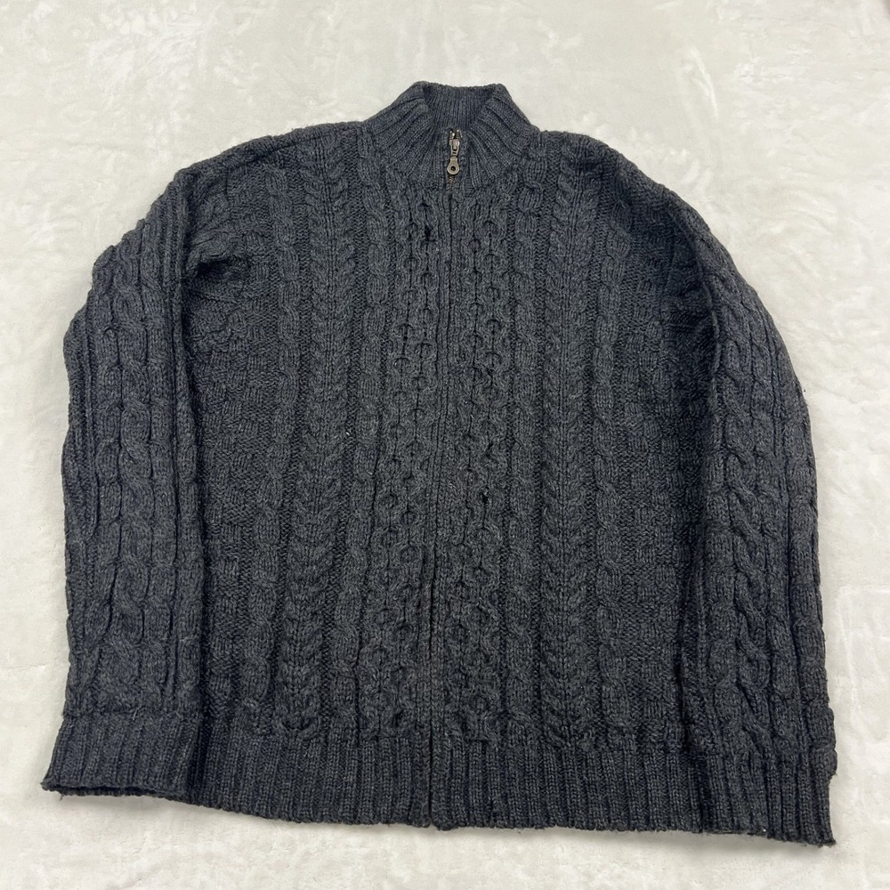 L.L. Bean Cardigan Sweater Mens Large Gray 100% Wool Cable Knit Full Zip Ireland